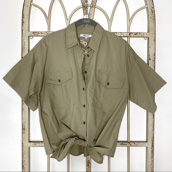 Madewell Short Sleeve Khaki Embroidered Button Up - Picture 2 of 5